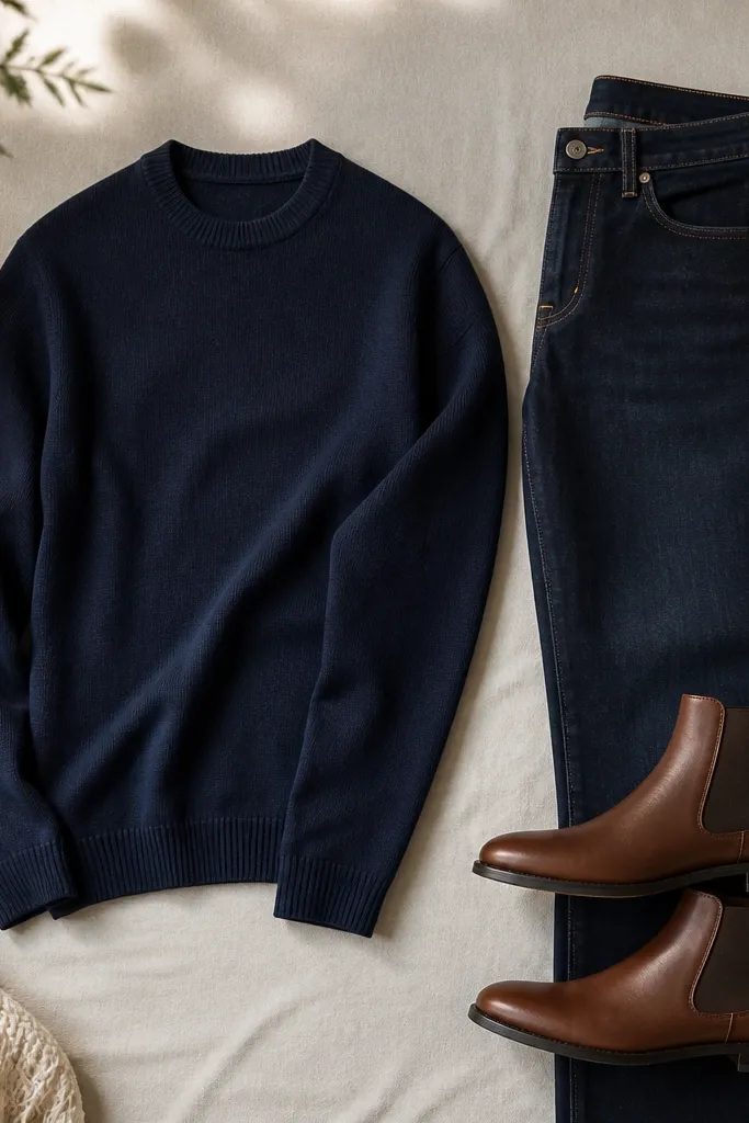 A styled flat-lay: navy crewneck sweater, dark wash straight-leg jeans with minimal fading, and brown leather Chelsea boots with elastic side panels. The boots are placed beside the jeans with the heel aligned.