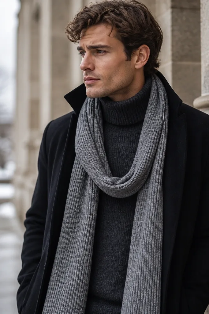 A winter formal look: charcoal knit turtleneck, a lightweight black overcoat hanging open, and a gray wool scarf draped in a loose loop. The scarf texture is clearly visible with subtle ribbing.
