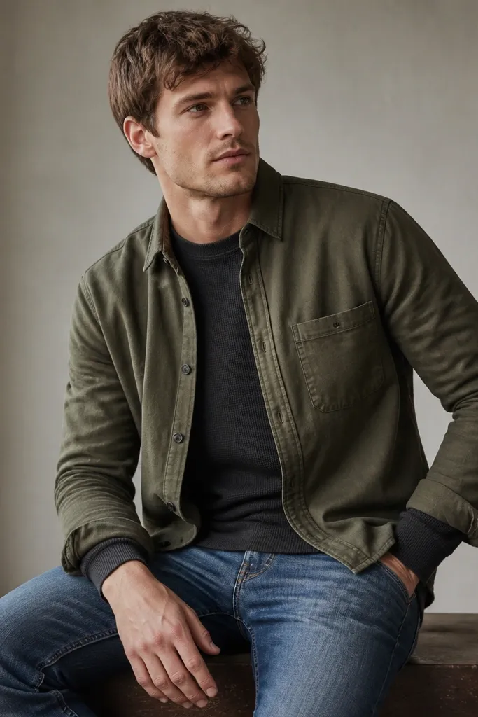 A layered shirt outfit: olive brushed flannel button-down over a black thermal long-sleeve, paired with medium-wash slim jeans. The flannel hem sits slightly over the thermal neckline area.
