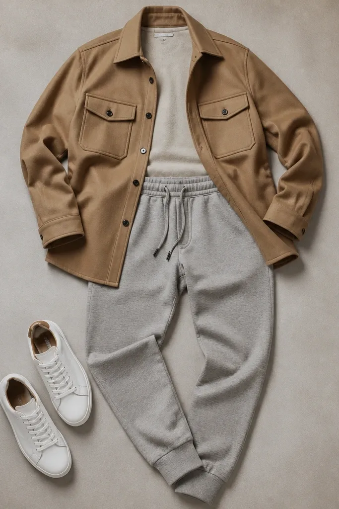Casual event wear laid out: camel over-shirt with button front, heather gray structured knit sweatpants with tapered cuffs, and clean white low-top sneakers. The over-shirt is unbuttoned to show the pants’ waistband.
