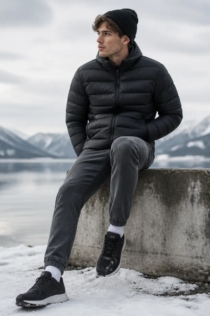 A compact winter outerwear look: black packable puffer jacket, gray jogger jeans with a tapered ankle, and a ribbed black beanie folded on the side. The jacket has visible quilting channels.