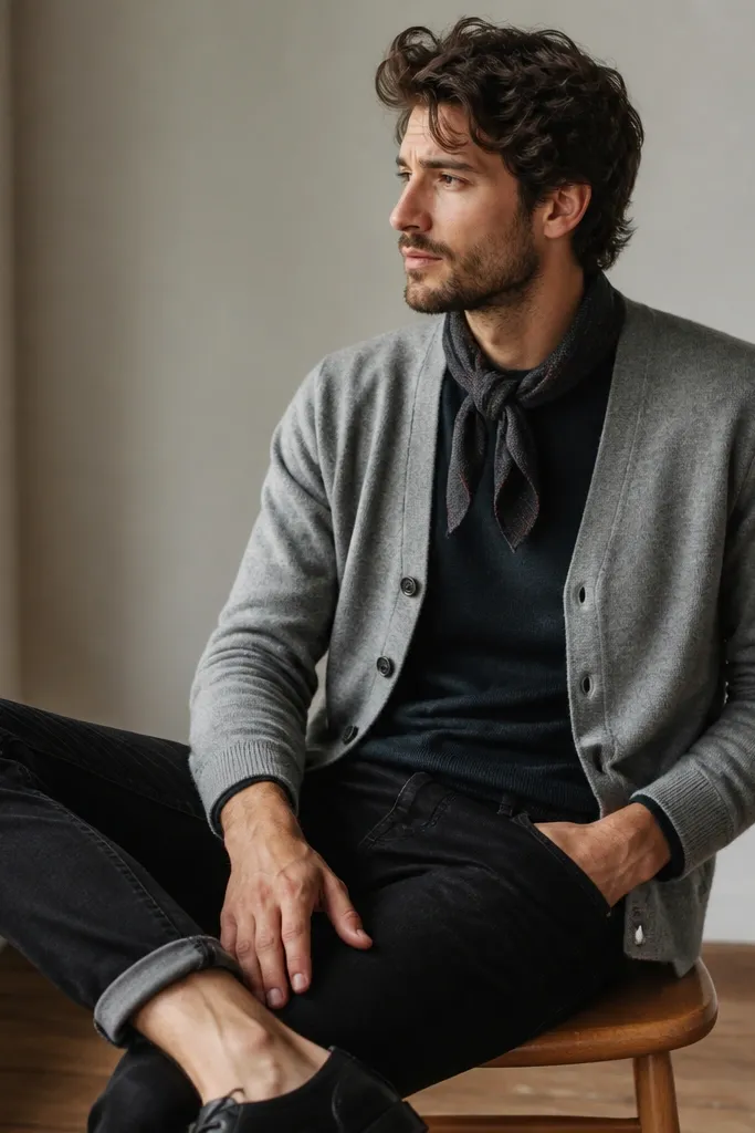 A layered knit look: gray cardigan worn open over a darker crewneck, black jeans folded to show the fit, and a small scarf looped around the neck. The cardigan buttons are visible.