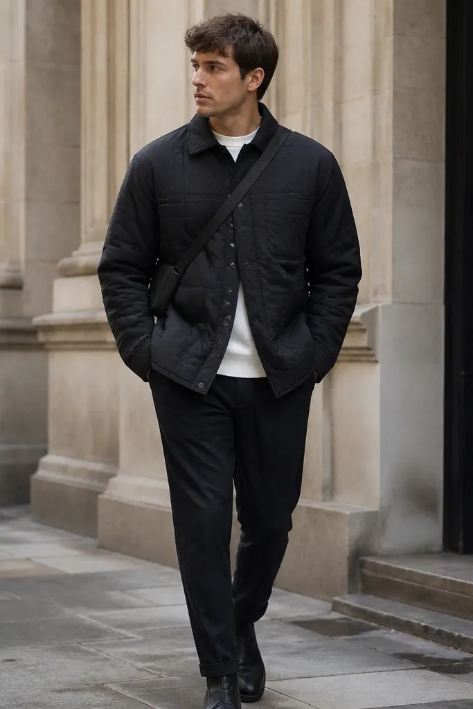 A city-ready winter outfit: white base tee, black padded overshirt (quilted look but not full puffer), dark tapered pants, and a slim crossbody bag strap across the chest. The overshirt is buttoned.
