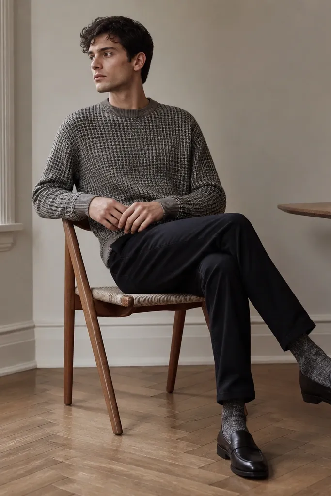 A semi-formal outfit: a small-check patterned knit sweater, solid black chinos, and a pair of dark loafers. Wool socks peek above the shoe line, showing a subtle texture.