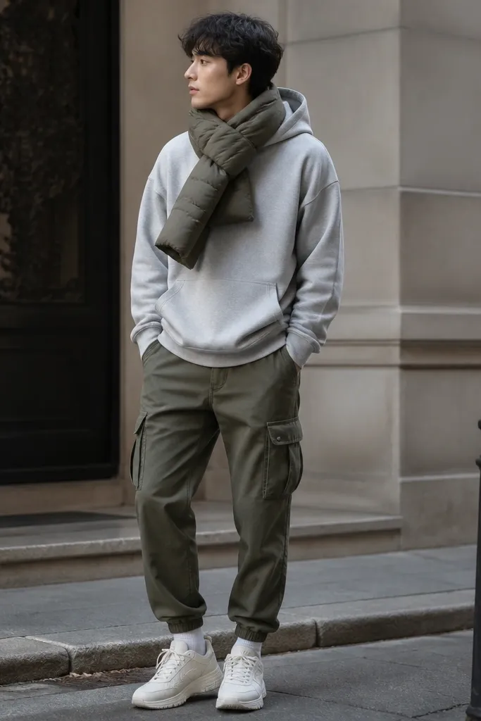 A cozy street-style winter layout: light gray thick-fleece hoodie, olive tapered cargo pants with visible pocket flaps, and a puffer scarf wrapped loosely. The hood is down and the scarf looks quilted.