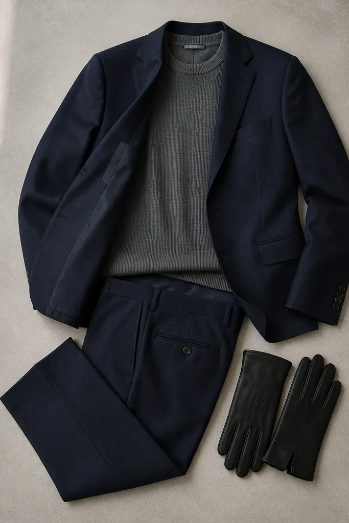 A dressed-up winter combo: dark navy suit jacket paired with tapered trousers, a thermal crewneck visible at the neckline, and a pair of minimal black gloves placed next to the outfit. The jacket is laid open to show the base layer.