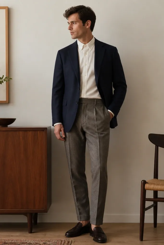 A navy blazer worn over an off-white button-down Oxford shirt with the top button closed; wool chinos in heather gray-brown and leather loafers are visible in a clean indoor setting.
