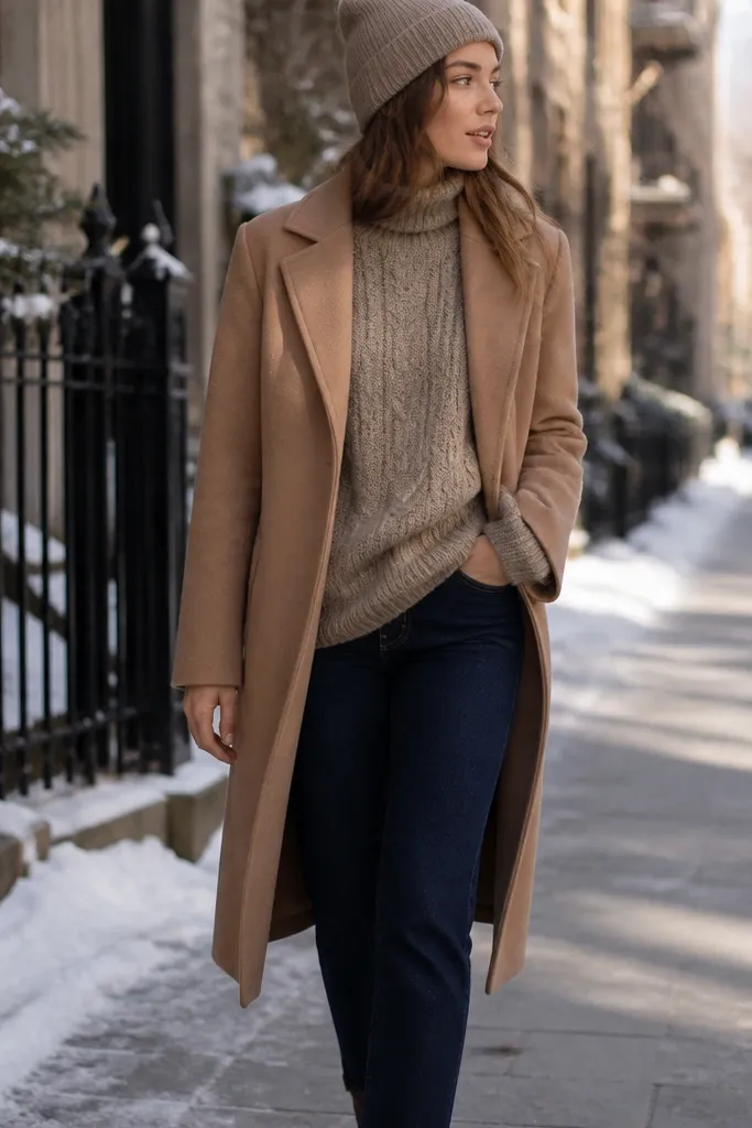 A camel topcoat over dark indigo jeans, with a chunky cable knit sweater in muted taupe and a matching knit beanie; the scene shows a winter sidewalk with soft shadows.