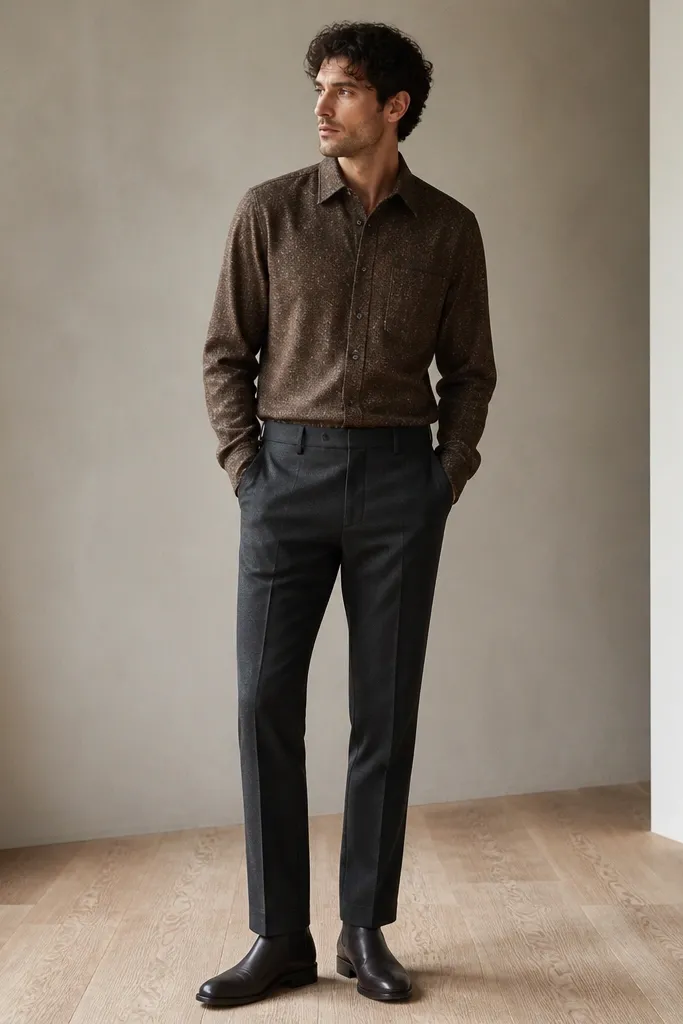 A model wearing a brown tweed button-up shirt with subtle flecks, tucked into charcoal tailored trousers; polished dark leather Chelsea boots complete the look.