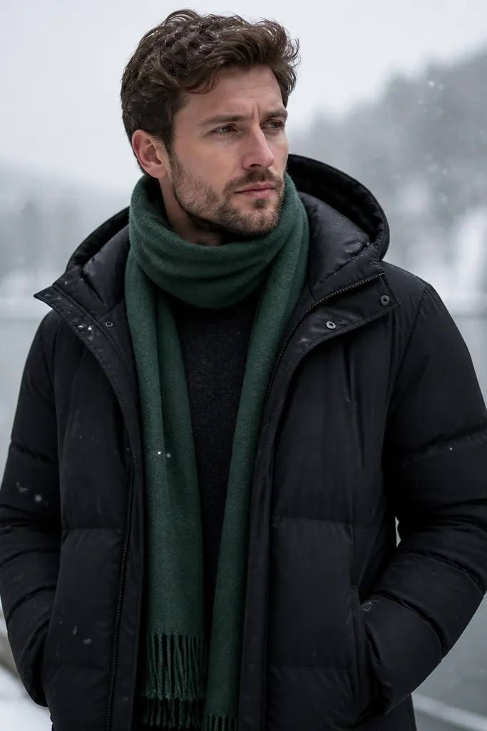 A sleek black puffer jacket with minimal quilting, styled with a thick wool scarf in forest green and a dark crewneck sweater; the outfit is photographed outdoors in light snow.