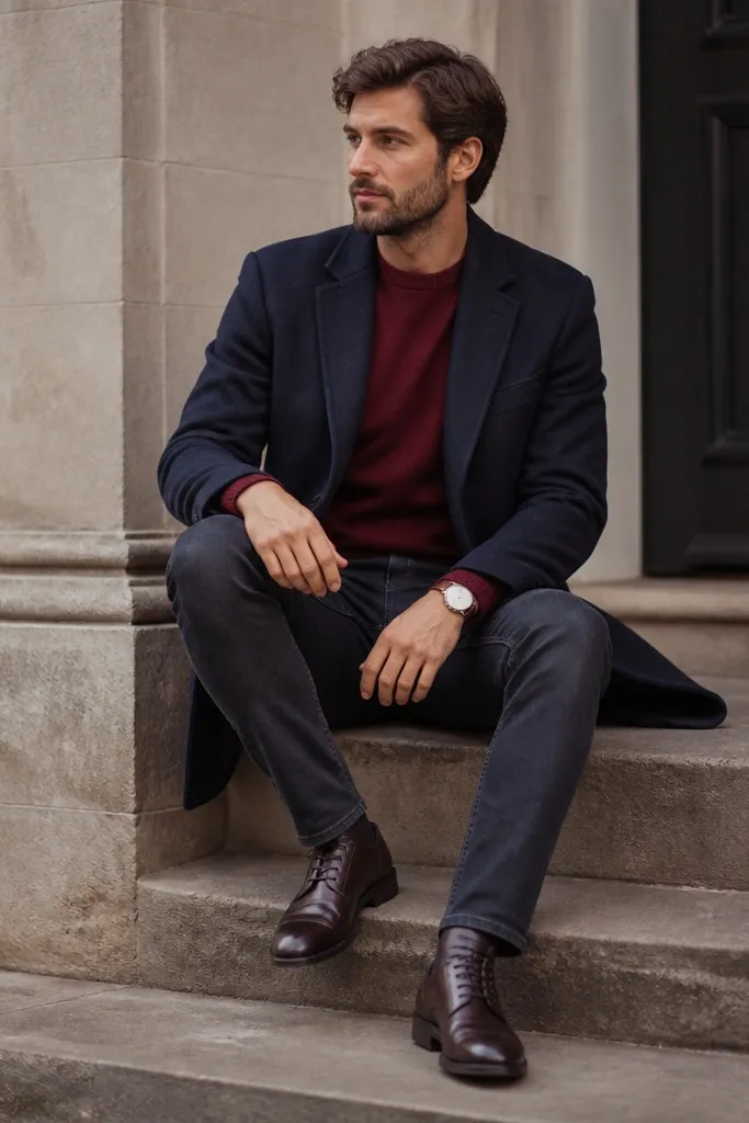 A burgundy crewneck sweater under a navy overcoat, paired with slim dark jeans; a simple wristwatch and leather lace-up shoes are visible.