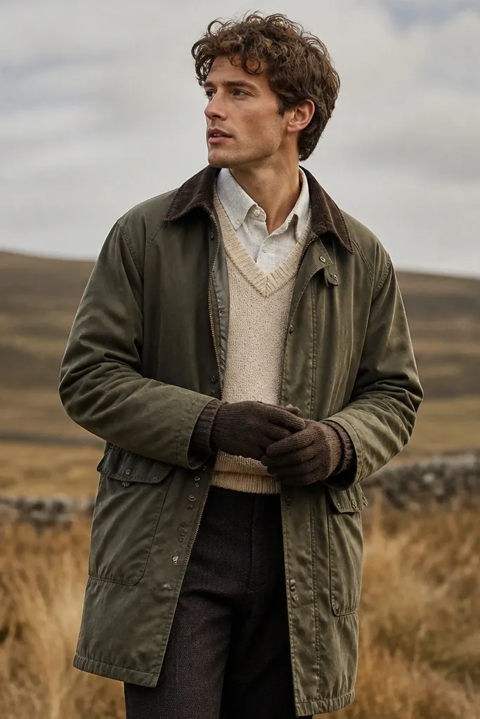 An olive field coat worn over a cream sweater vest layered on top of a light shirt; brown knit gloves and dark trousers appear in the frame.
