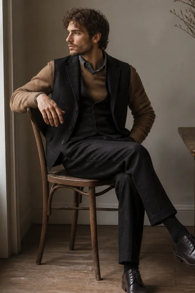 A layered look with a gray flannel shirt, a camel knit sweater, and a dark waistcoat; the pants are dark wool and the shoes are dark leather derby style.