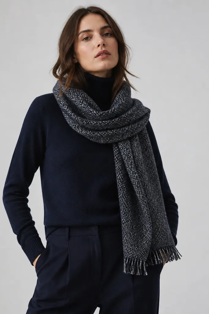 A model wearing a navy turtleneck and navy wool trousers (or matching knit set look), with a textured navy-and-gray scarf; the image shows a clean, studio-like background.