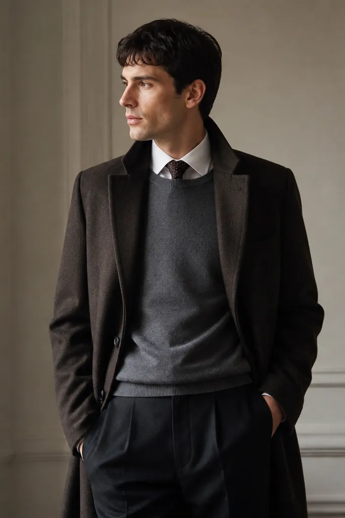 A patterned silk tie (subtle diagonal or small motif) worn with a simple crewneck sweater and long overcoat; the collar is slightly visible and the trousers are dark.
