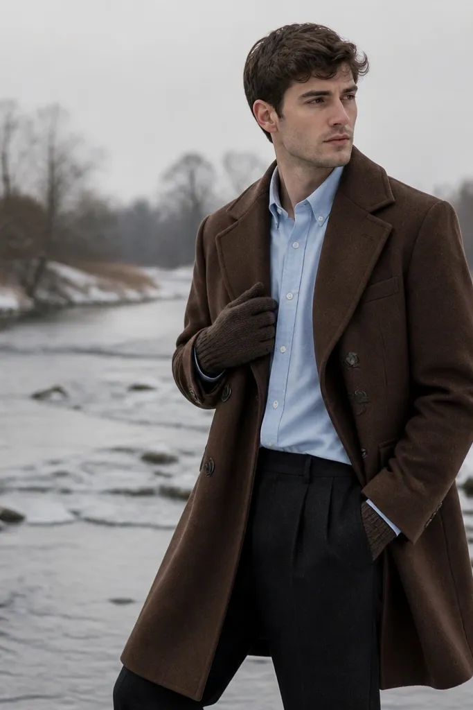 A light blue Oxford shirt under a brown overcoat, with knit gloves in a matching tone and dark trousers; the photo is taken in an outdoor winter setting.
