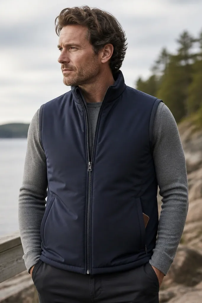 A navy insulated vest layered over a fitted gray thermal long-sleeve. The vest has a clean front zipper and subtle side pockets; a slim card holder is shown peeking from a pocket edge.