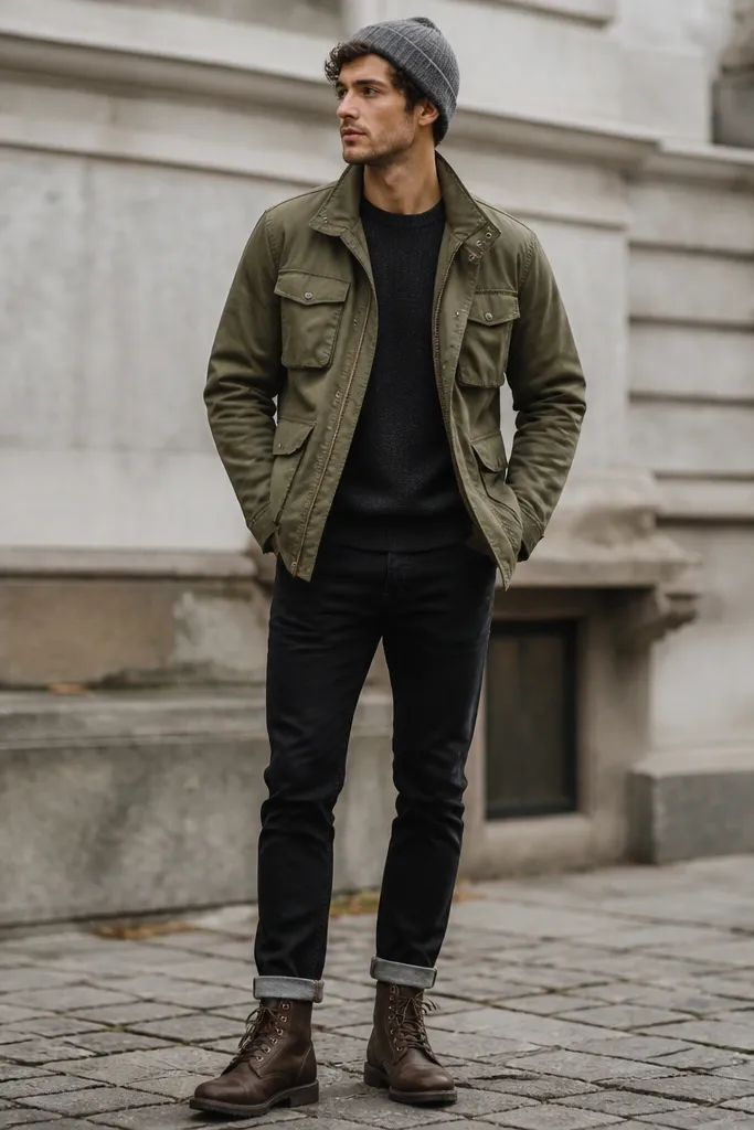 An olive field jacket with multiple flap and zip pockets over a dark crewneck sweater. Black jeans are cuffed slightly, and a gray beanie sits on top of the outfit.