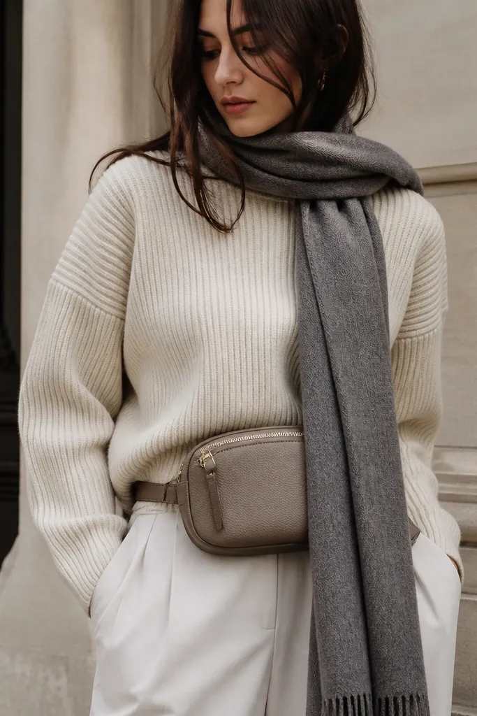 A cream ribbed knit sweater with a belt bag worn at the front hip. A long gray wool scarf is draped down the chest, partially covering the bag strap, creating a layered look.