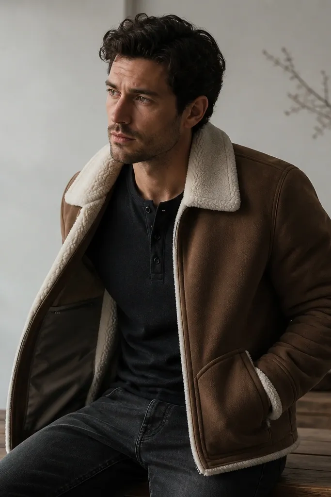 A brown jacket with a shearling-look collar and trim, worn over a dark henley. There’s a visible inner sleeve seam that suggests a document compartment; the outer pockets look clean and structured.