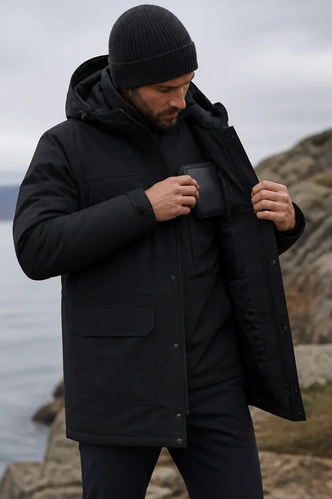 A black shell parka with a removable inner liner. The man wears the parka closed and shows a small zip organizer pouch tucked into the parka’s inner pocket area; a knit beanie and dark pants finish the look.