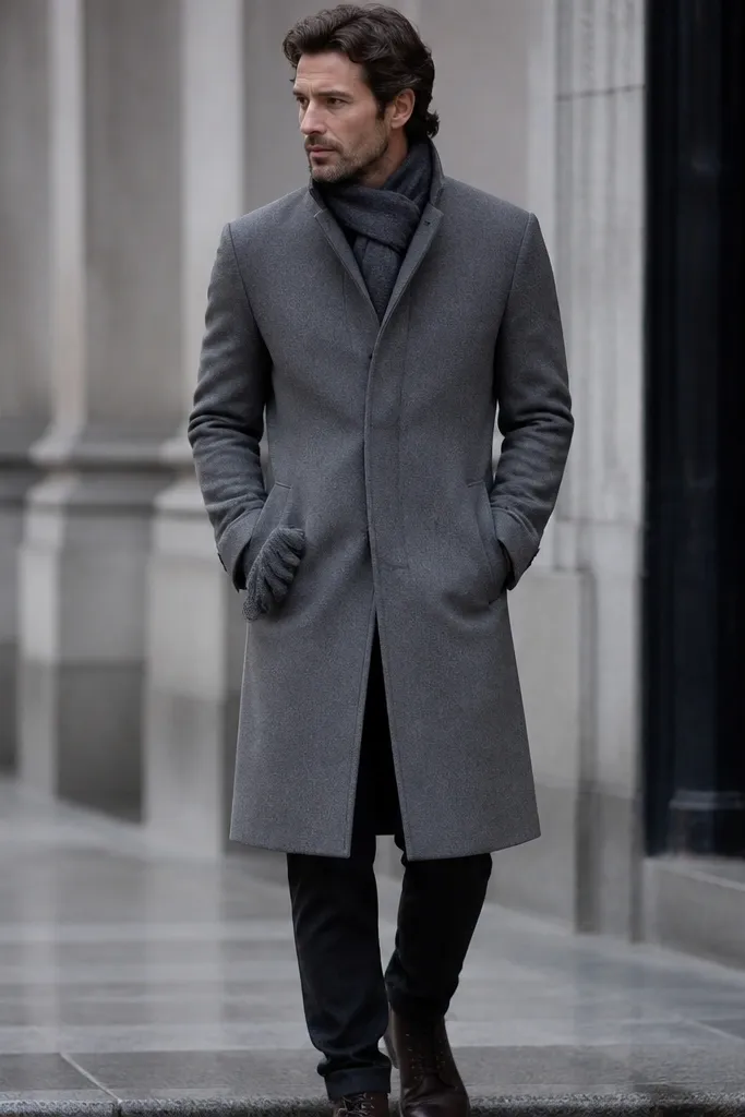 A mid-gray overcoat with a clean front and subtle side seams. Knit gloves are tucked neatly into a side pocket opening; the man wears a scarf and structured boots.