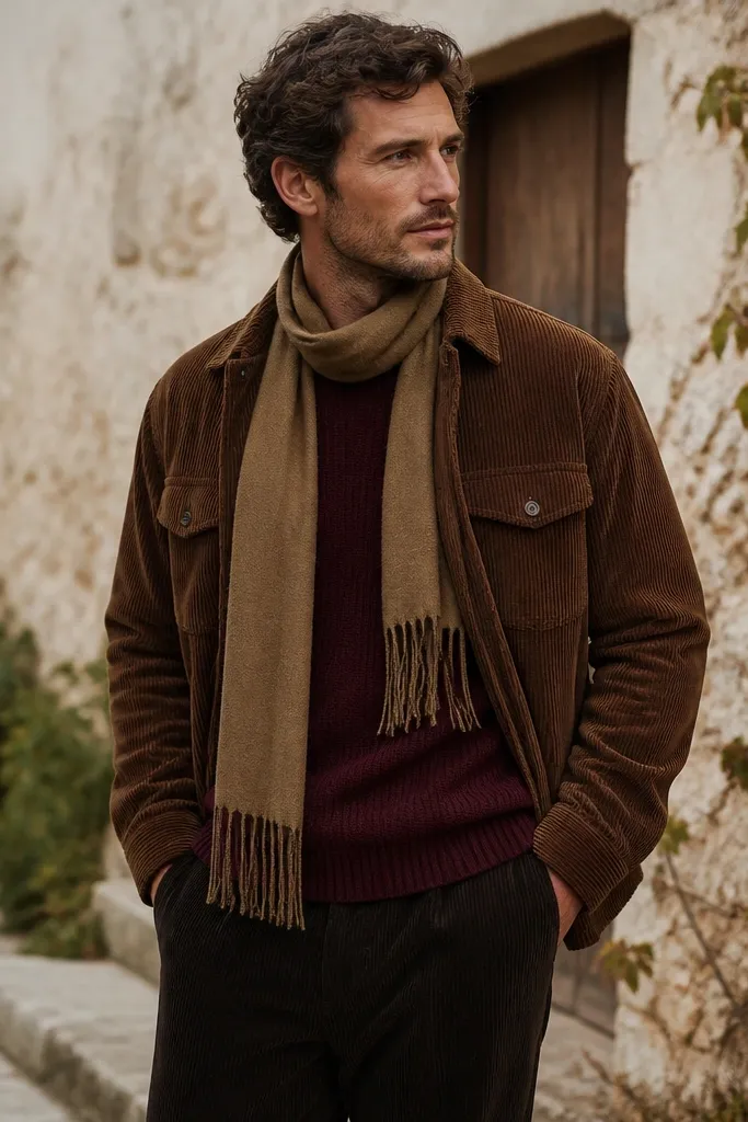A burgundy knit sweater under a corduroy overshirt with visible chest pockets and a clean collar. The outfit includes dark corduroy or wool trousers, and a scarf in muted tan.