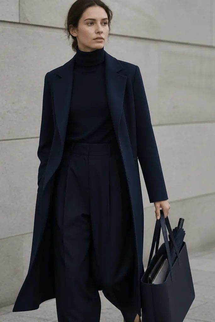 A monochrome navy outfit: turtleneck, coat, and trousers. A long tote bag is carried in hand, with a visible interior divider that keeps items separated; a folded umbrella is tucked at the top.