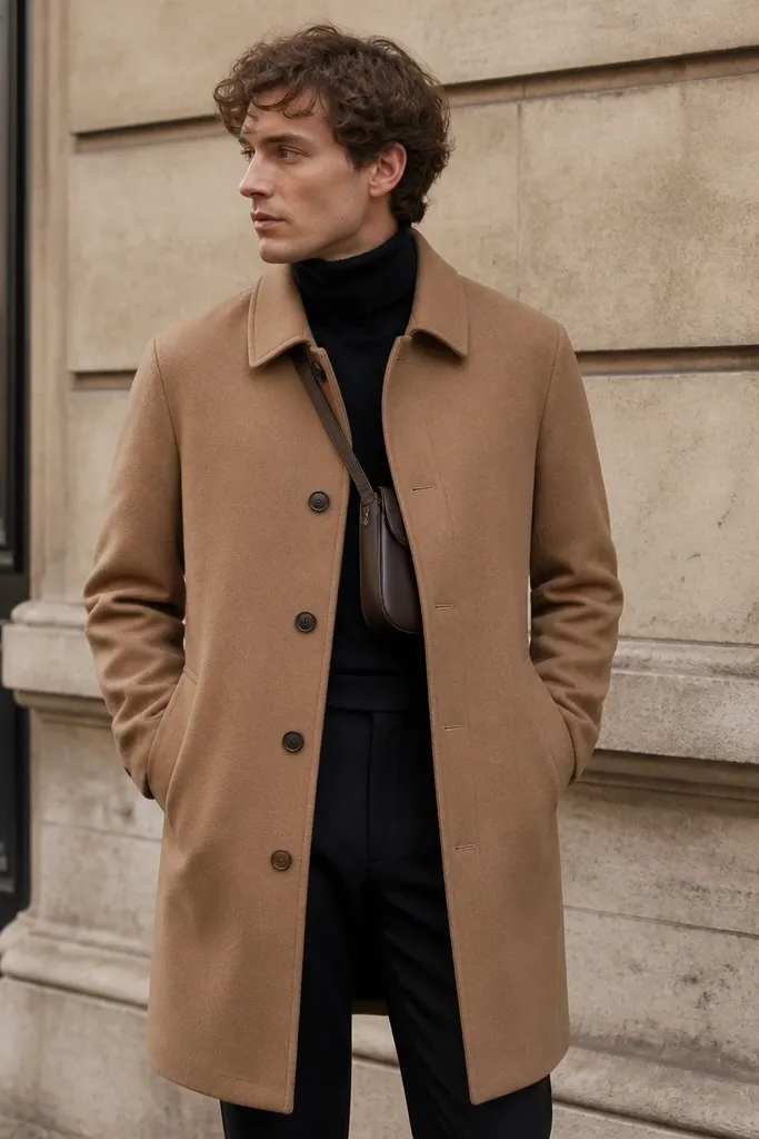 A camel chesterfield coat with a neat collar and button front. A slim crossbody bag is worn so it sits under the coat lapel line; the strap is mostly hidden, and the man wears dark trousers and a turtleneck.