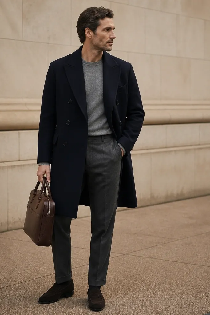 A navy overcoat over grey tailored suit trousers with a heather-grey merino crewneck; accessories include a simple brown leather briefcase and minimalist suede loafers.