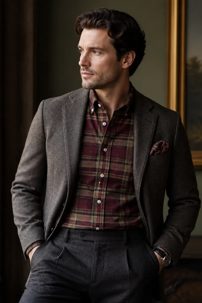 A burgundy-and-olive plaid flannel button-down tucked into dark wool trousers, layered with a single-breasted sport coat; the image shows a folded pocket square and a dark leather watch.