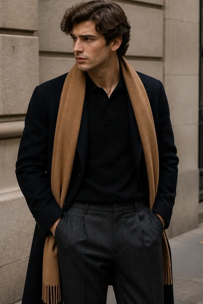 A black knit polo shirt under a dark tailored overcoat, styled with tailored trousers and a camel scarf; the scene is a street-style photo with the scarf draped loosely.