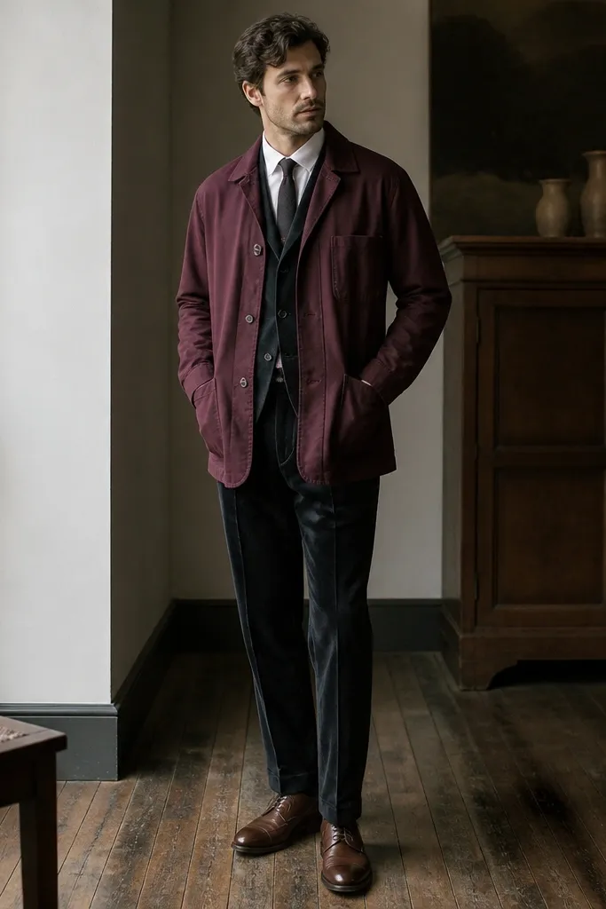 A burgundy chore coat layered over a dark suit vest and a white button-down; the image includes a slim tie, brown leather shoes, and a visible layered waistcoat line.