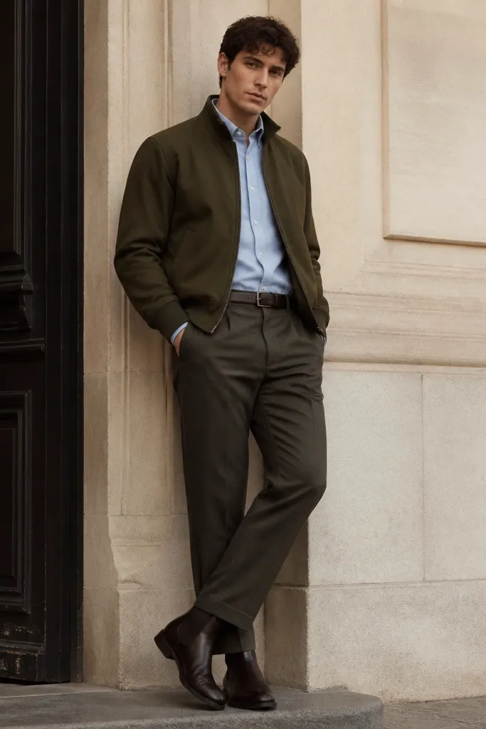 An olive wool-blend bomber jacket over a light blue button-down, tucked into wool trousers; the photo shows a slim belt and dark leather boots.