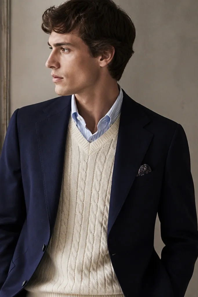 A cream cable-knit sweater vest layered over a collared shirt, with a navy blazer on top; the image shows a neat collar peek and a pocket square.
