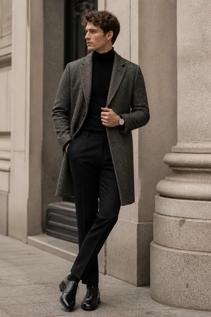 A herringbone overcoat over a black mock neck top, paired with slim black suit trousers; the image shows black leather dress shoes and a minimal watch.