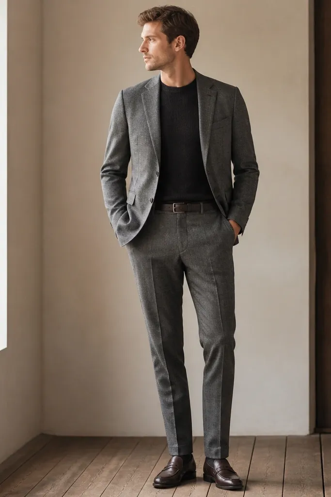 A grey flannel suit jacket over a dark thermal crewneck, with matching grey trousers and leather loafers; the photo shows a clean line at the cuffs and a simple leather belt.