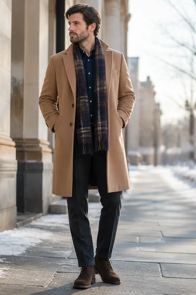 A camel overcoat with a navy Oxford shirt visible at the collar, a plaid scarf draped at the neck, and chukka boots; the outfit is styled outdoors with winter light.