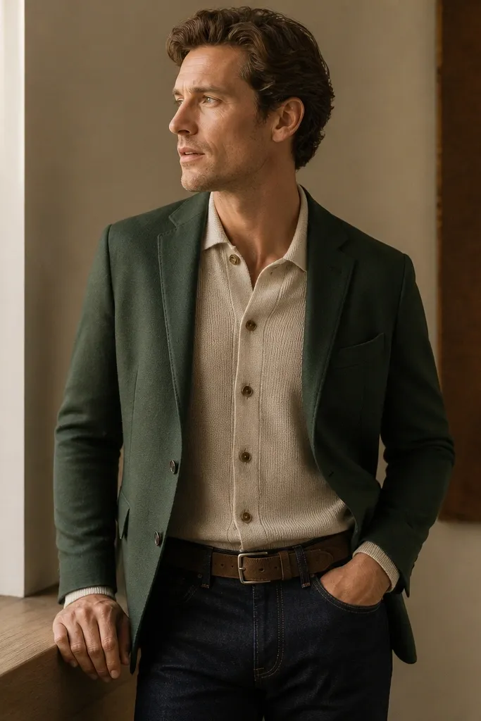 A deep green blazer over a knit shirt with tortoise buttons, paired with dark clean denim and a brown suede belt; the photo shows minimal wrinkles and a warm-toned color palette.