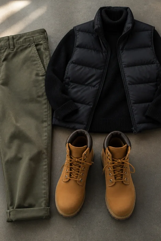 A styled outfit laid flat: olive chinos with a single rolled cuff, black wool turtleneck, and a matte black puffer vest. Tan Timberland boots are centered, laces visible, with a clean break at the cuff.