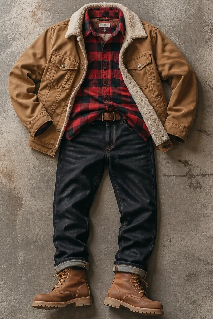 A street-style flat lay: red-and-black plaid flannel half-tucked into dark straight jeans, a tan sherpa-lined jacket worn open, and classic brown Timberland boots. The flannel hem sits above the boot shaft.