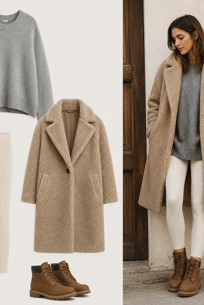 A fashion flat image showing cream thermal leggings, an oversized heather-grey sweater, and a knee-length teddy coat. Brown Timberland boots are paired with the leggings for a streamlined look.