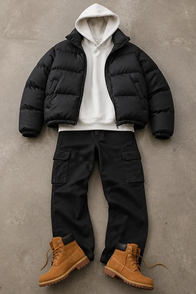 A laid-out streetwear outfit: black straight-leg cargo pants with visible pockets, a white hoodie under a black puffer jacket. Brown Timberland boots sit at the bottom, with laces and toe shape clearly shown.