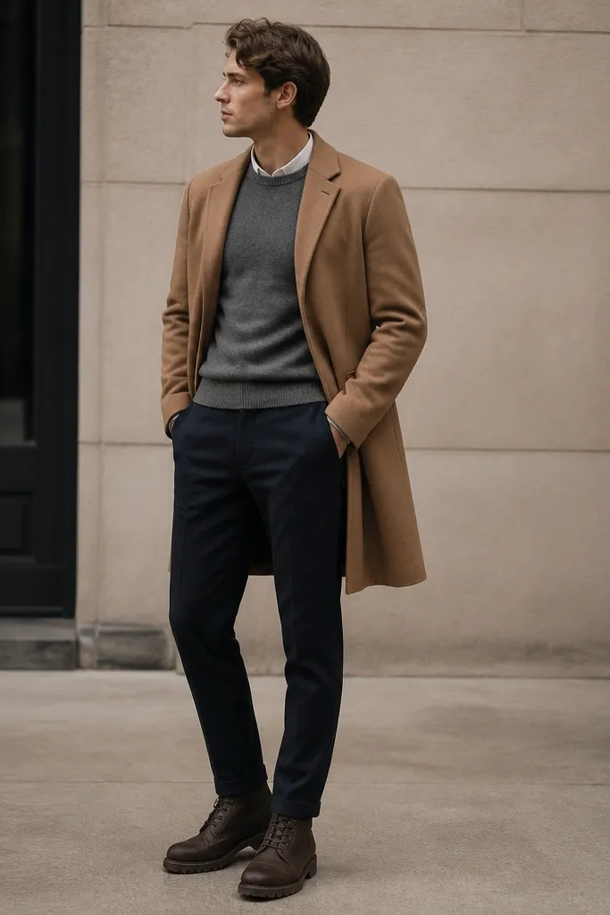 A smart-casual flat photo: navy knit trousers, a camel overcoat worn open, and dark brown Timberland boots. The trousers have a neat break over the boot with no bunching.