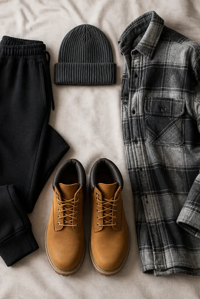 A cozy outfit flat lay: black thermal joggers, an oversized plaid shacket in grey tones, and a knit beanie. Brown Timberland boots are centered with laces tied and the jogger cuffs sitting just above the boot.