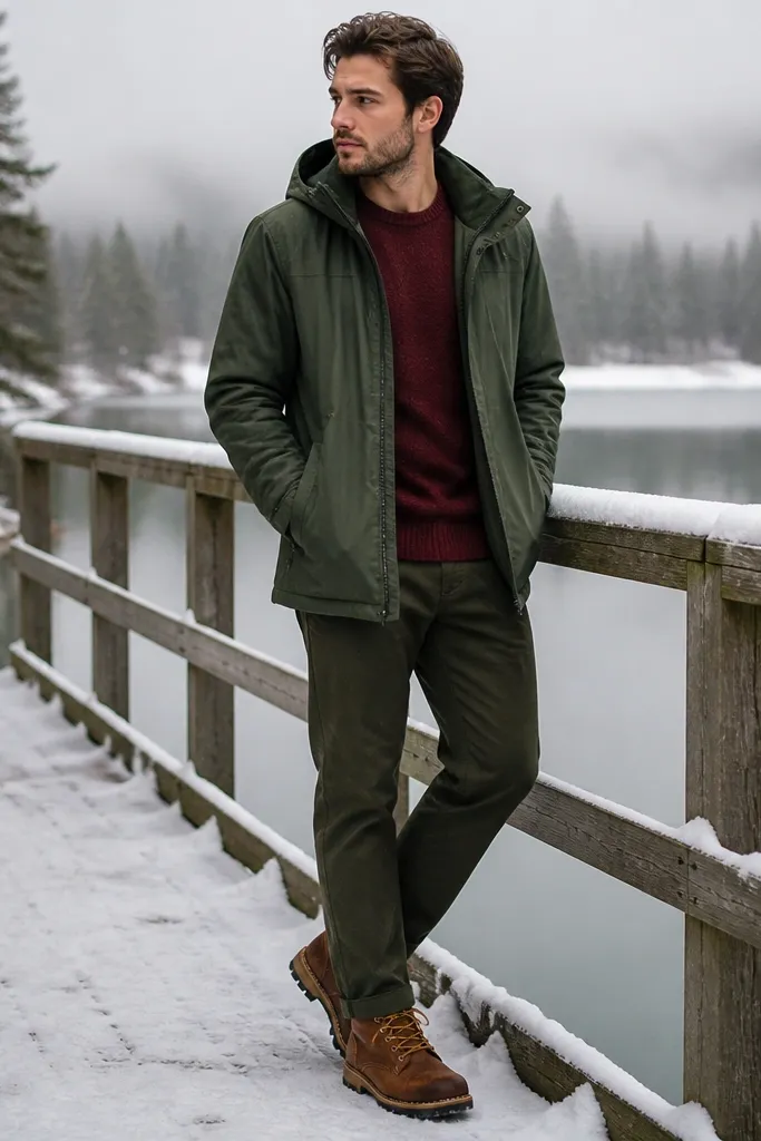 A practical winter outfit: burgundy sweater, dark olive jeans with a clean hem, and a waterproof rain-shell in deep green worn over it. Timberland boots are shown with visible traction and neatly tied laces.