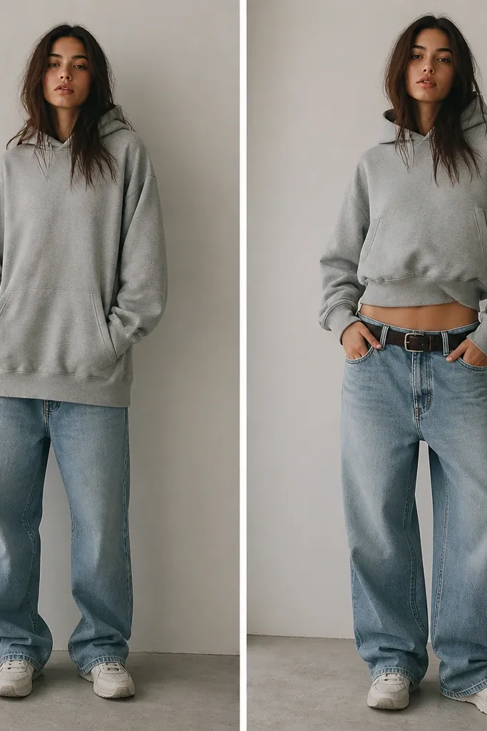Before: a model in a bulky hoodie and straight-leg jeans, both hanging low and blending together. After: the hoodie is slightly cropped at the hem with a front tuck, paired with low-rise baggy jeans and a belt.