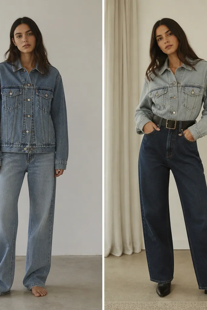 Before shows a denim jacket and jeans in similar wash with no waist definition; after shows the same denim pieces but with a lighter wash jacket, darker jeans, and a wide black belt.
