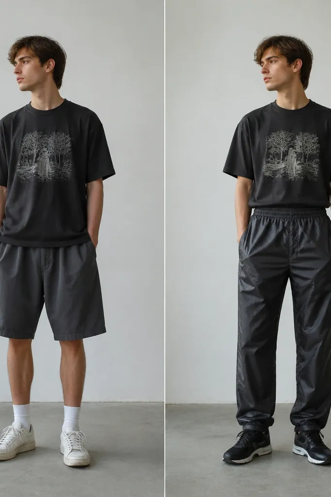 Before: a plain graphic tee with loose shorts and worn sneakers. After: the same graphic tee is tucked, paired with shiny nylon track pants and sleek running-style shoes.