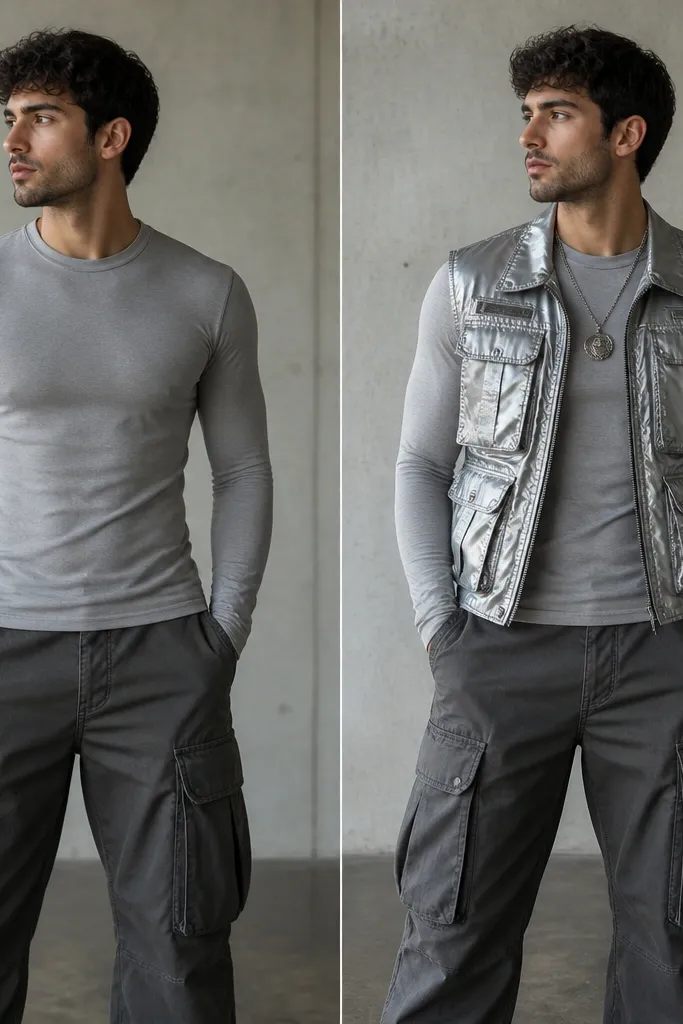Before: a man in a plain long-sleeve shirt with cargo pants. After: he wears a metallic silver cargo vest over the fitted shirt, with layered necklaces and the same pants.